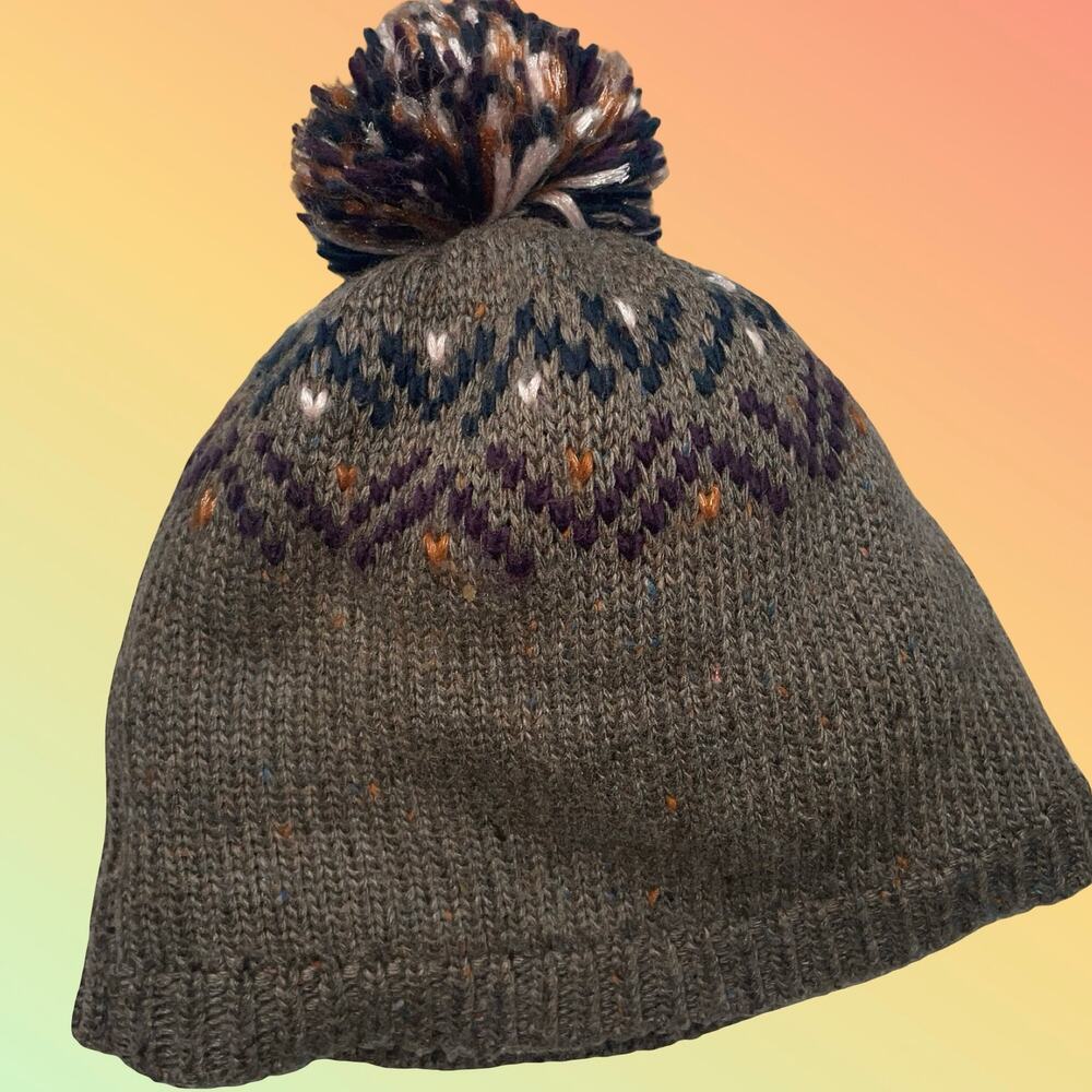 Pistil Visby Pom Beanie Hat Womens Brown Knit Fair Isle Tweed Flecks Mountain